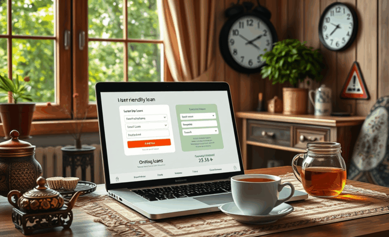 Attēls ar datoru un kredīta pieteikšanas procesu tiešsaistē.