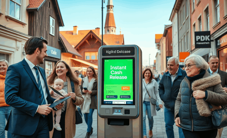 Nauda tiek atbrīvota minūtēs, simbolizējot tūlītēju finanšu risinājumu.