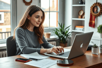 Attēls, kurā redzama persona, izmantojot datoru, lai pieteiktos vienkāršam kredītam bez galvotāja