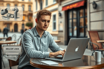 Cilvēks ar klēpjdatoru, meklējot ātrus kredītus tiešsaistē, lai segtu steidzamus izdevumus.