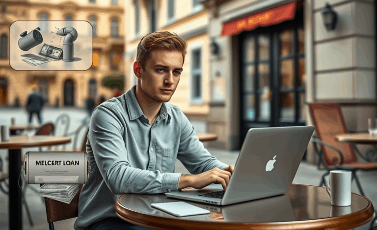 Cilvēks ar klēpjdatoru, meklējot ātrus kredītus tiešsaistē, lai segtu steidzamus izdevumus.