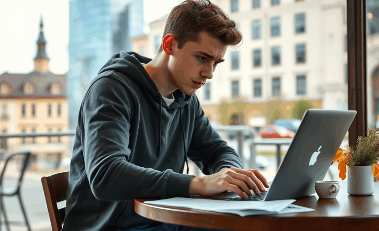 Cilvēks pārbauda aizdevuma iespējas internetā, neraizējoties par ienākumu apliecinājumu.