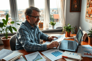 Brīvmākslinieks strādā pie datora, meklējot kredītu iespējas.