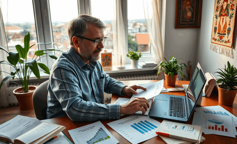 Brīvmākslinieks strādā pie datora, meklējot kredītu iespējas.