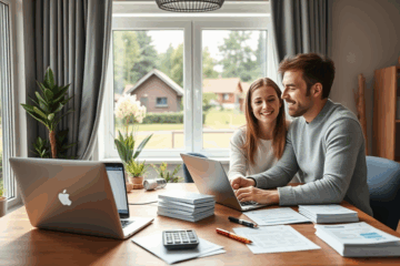 Attēls parāda cilvēku, kas priecīgi skatās uz klēpjdatoru ekrānu, pieteikdamies ātrajam kredītam internetā.