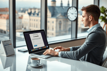 Cilvēks aizpildot tiešsaistes kredīta pieteikumu datorā