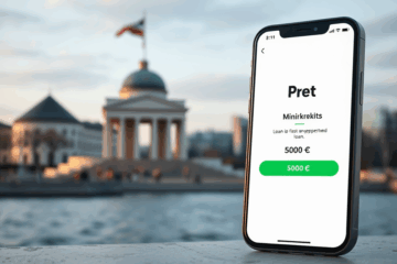 A person using a smartphone to apply for a digital minikredīts loan online.